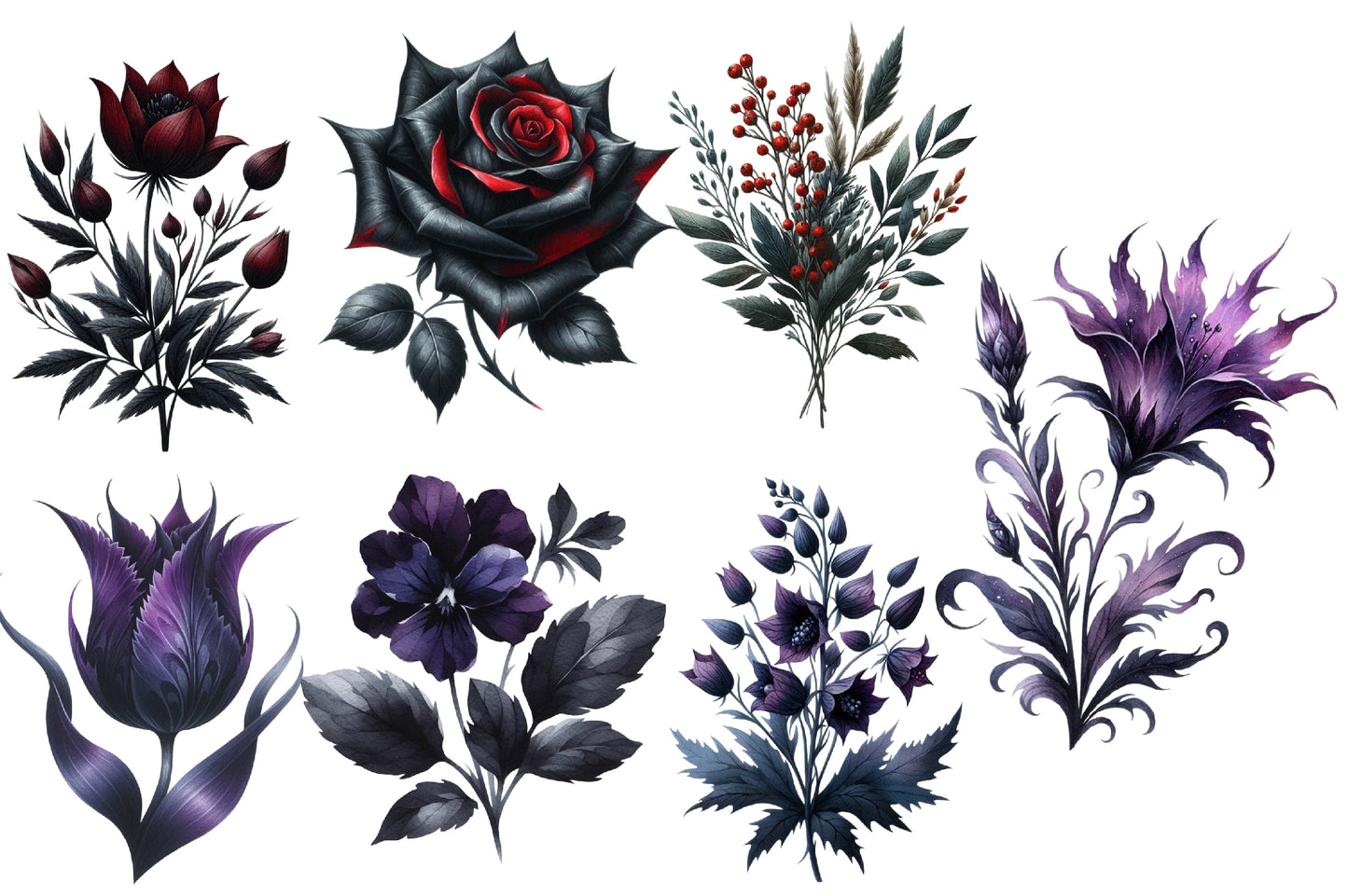 Halloween Wildflowers Clipart PNG Bundle | Gothic Flowers PNG, Dark Floral Clipart, Halloween Flower Sublimation,