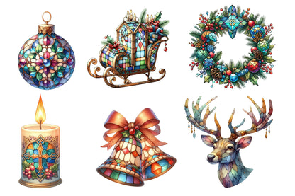 Christmas Stained Glass PNG Bundle | Watercolor Stained Glass Christmas Clipart | Festive Holiday Window Sublimation PNG