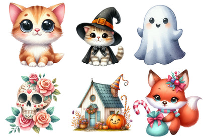 Pastel Halloween Clipart PNG Bundle | Cute Ghost, Fox, Cat & Haunted House Clipart