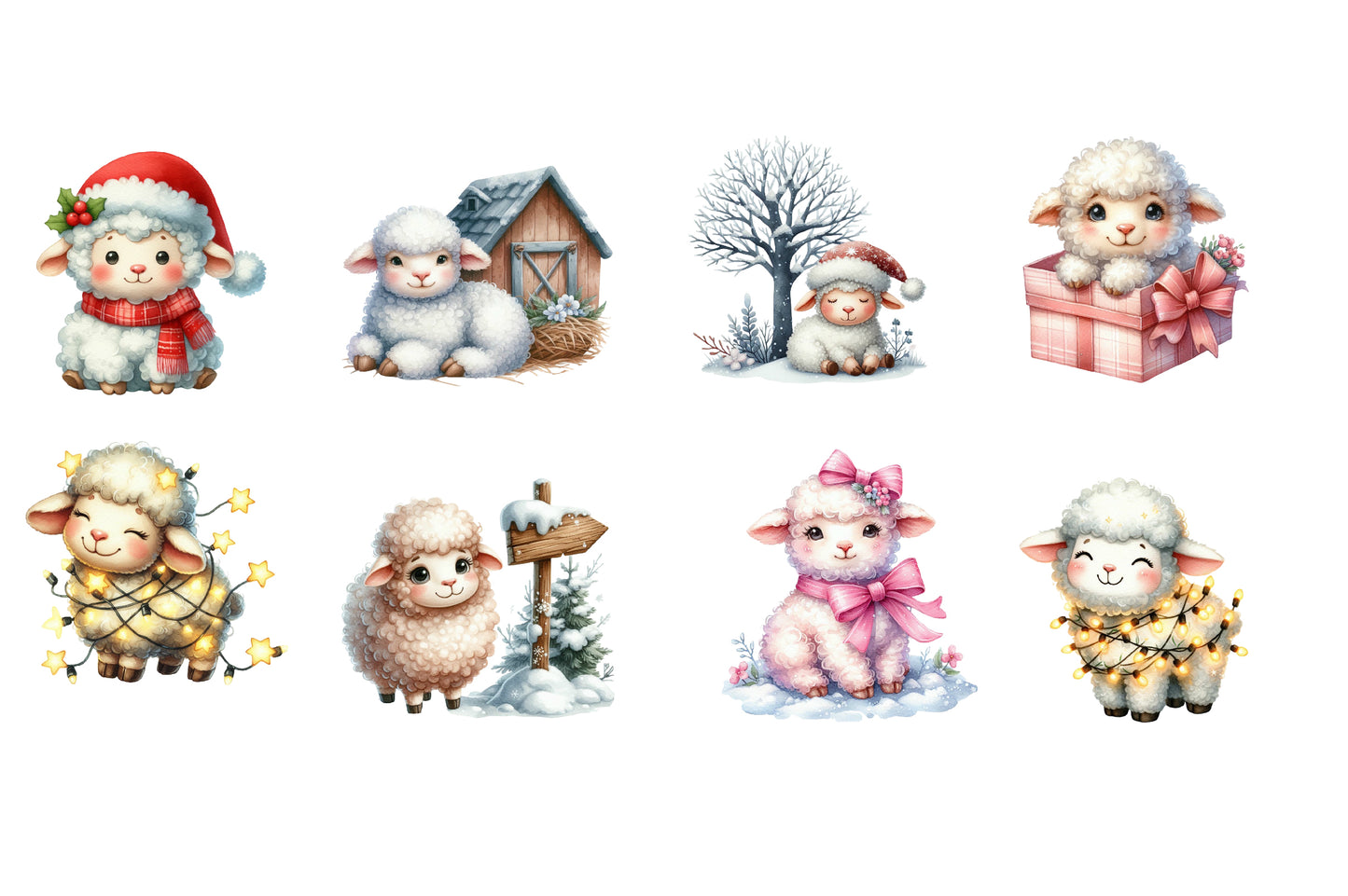 Christmas Lamb Farm Clipart PNG Bundle | Watercolor Cute Christmas Lamb Farm Clipart | Rustic Holiday Farm Sublimation PNG