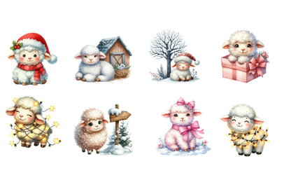 Christmas Lamb Farm Clipart PNG Bundle | Watercolor Cute Christmas Lamb Farm Clipart | Rustic Holiday Farm Sublimation PNG