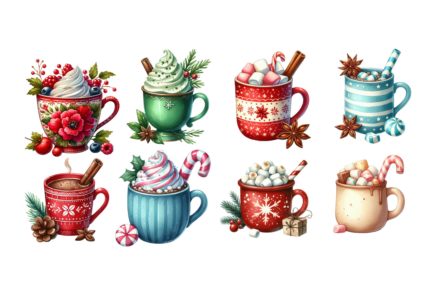 Christmas Hot Chocolate Watercolor Clipart PNG Bundle | Cozy Holiday Cocoa Clipart | Christmas Mug Sublimation PNG