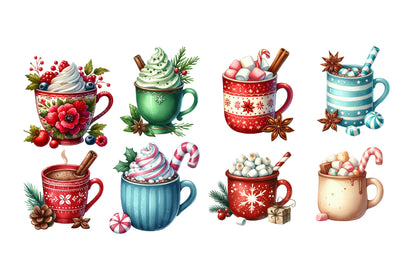 Christmas Hot Chocolate Watercolor Clipart PNG Bundle | Cozy Holiday Cocoa Clipart | Christmas Mug Sublimation PNG
