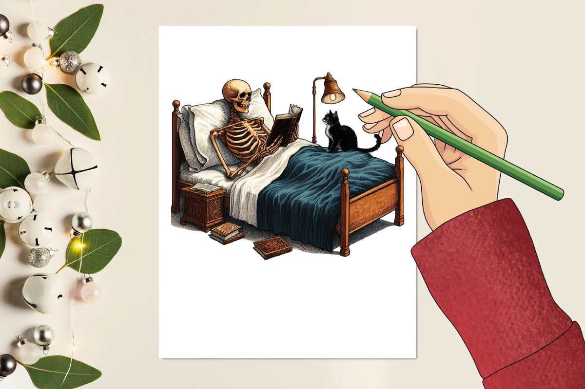 Halloween Skeleton Reading PNG Funny Skeleton with Black Cat Clipart