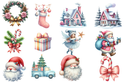 Pastel Christmas Watercolor Clipart PNG Bundle | Cute Pink & Blue Christmas Clipart | Pastel Winter Christmas Sublimation PNG