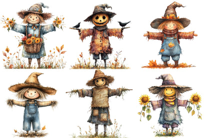 Autumn Scarecrow Watercolor Clipart PNG Bundle | Fall Scarecrow Clipart | Rustic Autumn Sublimation PNG