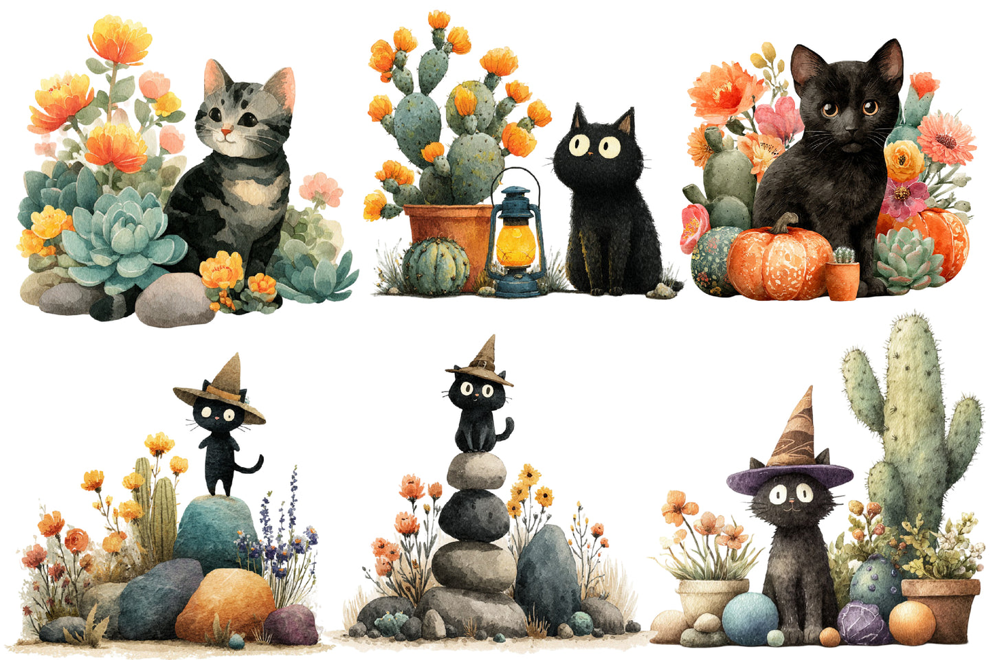 Halloween Desert Cat Clipart PNG | Cute Black Cat & Cactus Clipart, Desert Halloween PNG