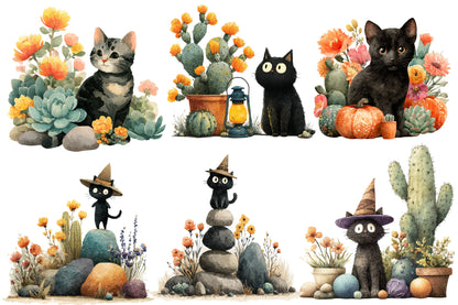 Halloween Desert Cat Clipart PNG | Cute Black Cat & Cactus Clipart, Desert Halloween PNG