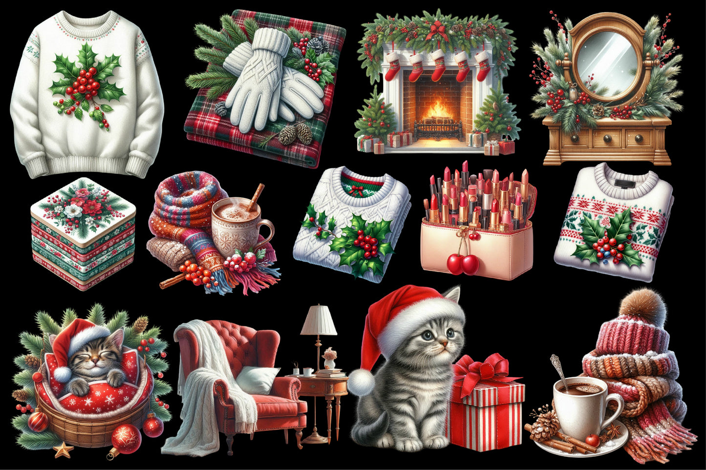 Watercolor Cozy Christmas Time Clipart PNG Bundle | Winter Holiday Home, Sweaters, Fireplace & Cozy Christmas Designs
