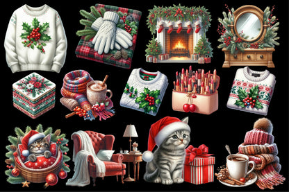 Watercolor Cozy Christmas Time Clipart PNG Bundle | Winter Holiday Home, Sweaters, Fireplace & Cozy Christmas Designs