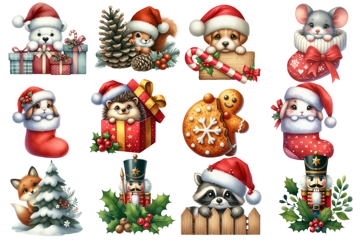 Christmas Peeking Clipart PNG Bundle | Watercolor Cute Peeking Christmas Characters | Holiday Sublimation PNG
