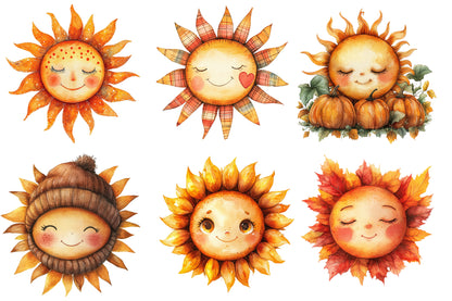 Cute Autumn Sun Watercolor Clipart PNG Bundle | Fall Sun Clipart, Sunflower PNG,