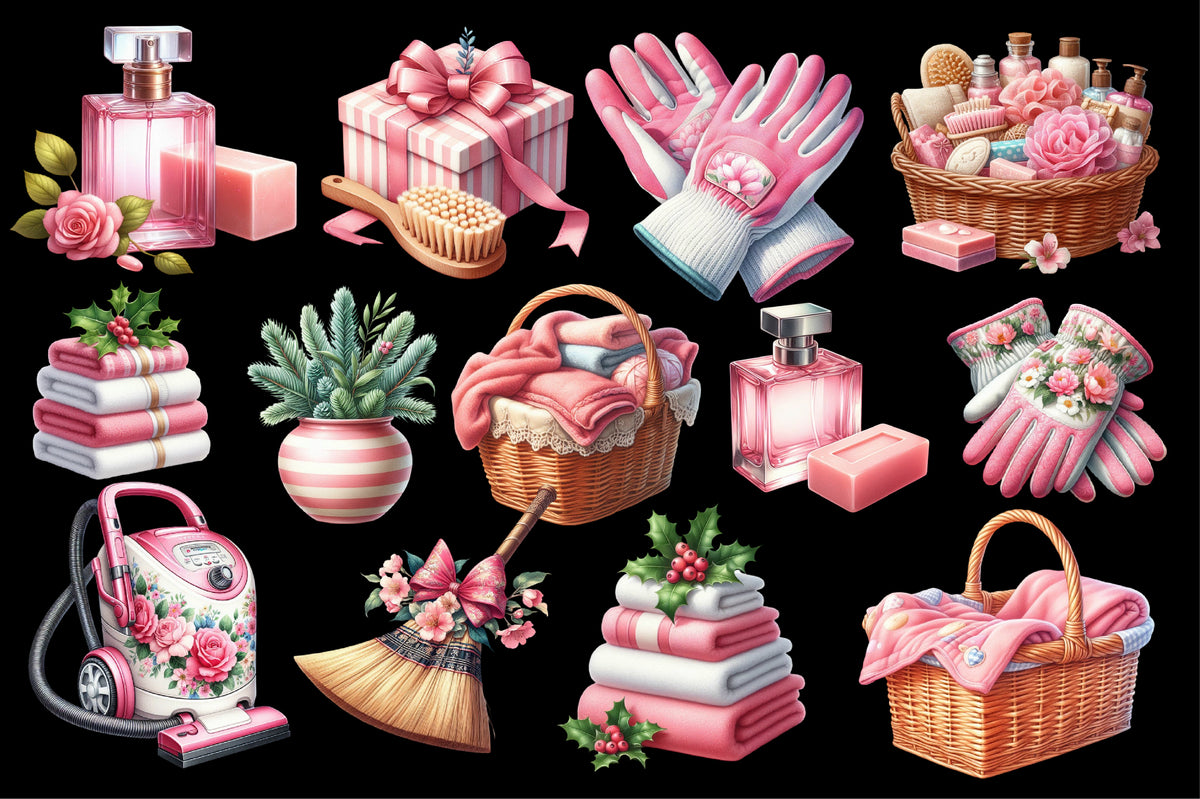 19 Christmas Cleaning Day PNG Clipart Bundle Watercolor Pink Holiday Cleaning