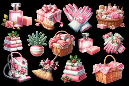 19 Christmas Cleaning Day PNG Clipart Bundle Watercolor Pink Holiday Cleaning