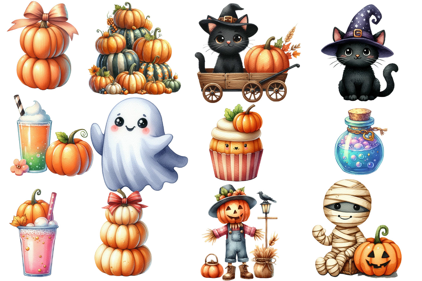 Halloween Season Clipart PNG Bundle | 53 Cute Halloween Witch Ghost Pumpkin Clipart