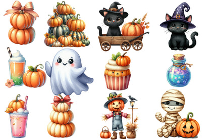 Halloween Season Clipart PNG Bundle | 53 Cute Halloween Witch Ghost Pumpkin Clipart