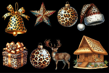 Watercolor Leopard Christmas Clipart PNG Bundle | Leopard Print Ornaments, Gift Box, Bells & Holiday Designs