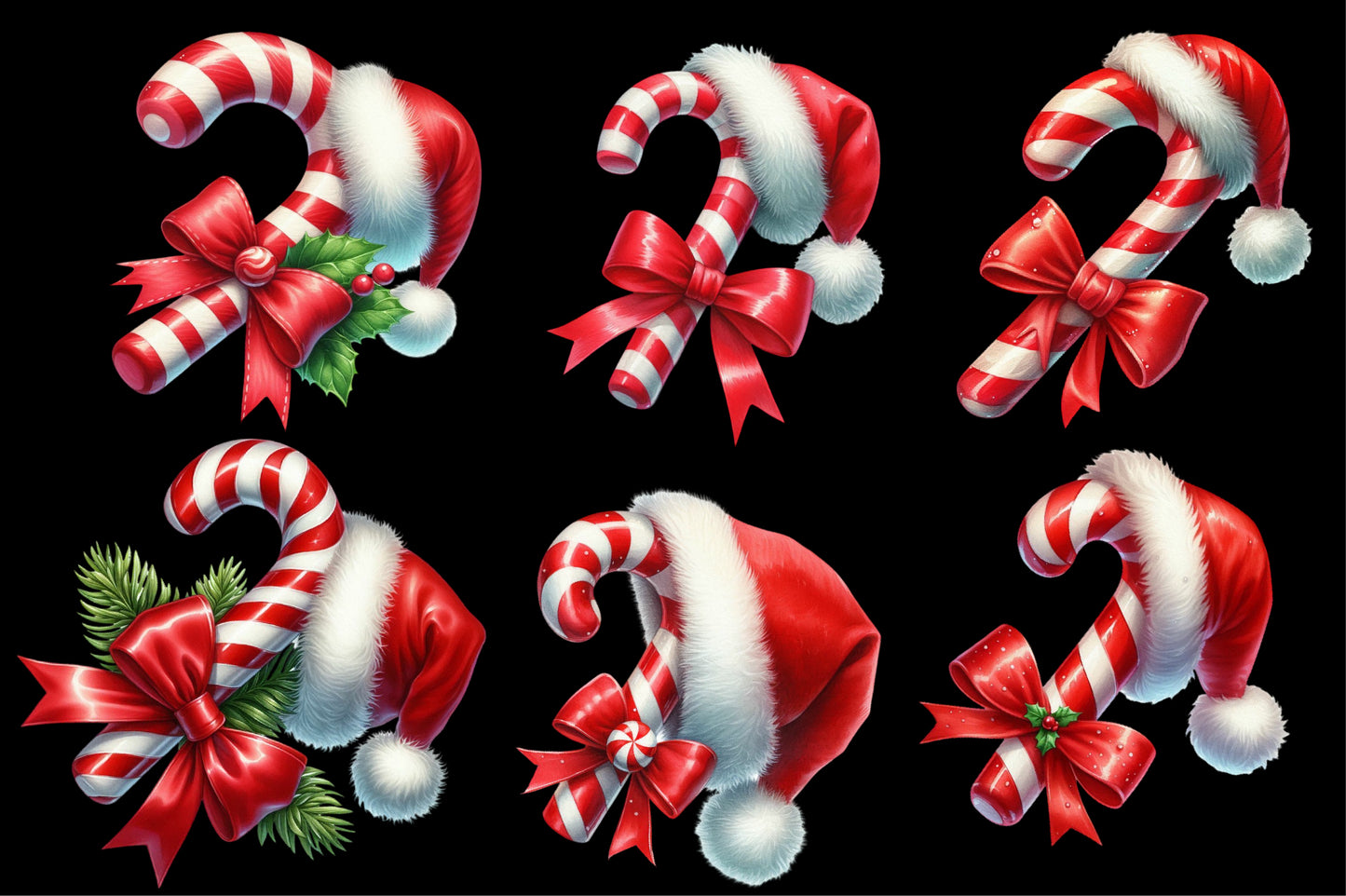 Watercolor Christmas Candy Cane Clipart PNG Bundle | Santa Hat Candy Cane & Red Bow | Christmas Sublimation