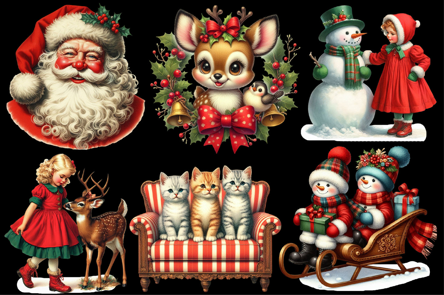 Vintage Christmas Clipart PNG Bundle | Santa, Snowman, Deer, Girl, Cat, Sleigh & Retro Holiday Designs