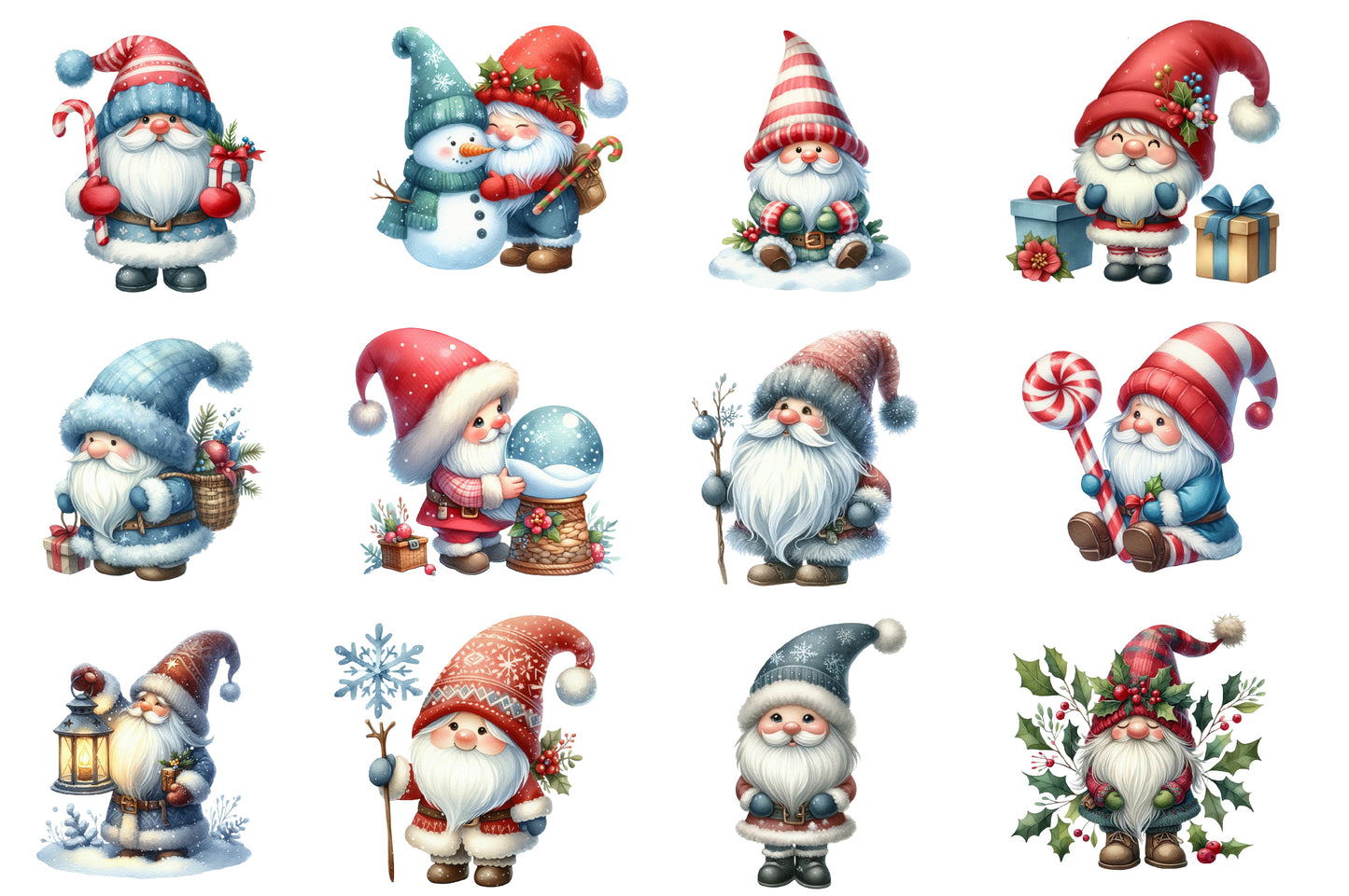 Christmas Gnome Clipart PNG Bundle | Watercolor Christmas Gnomes, Santa Hats, Candy Canes, Gifts & Winter Holiday Clipart