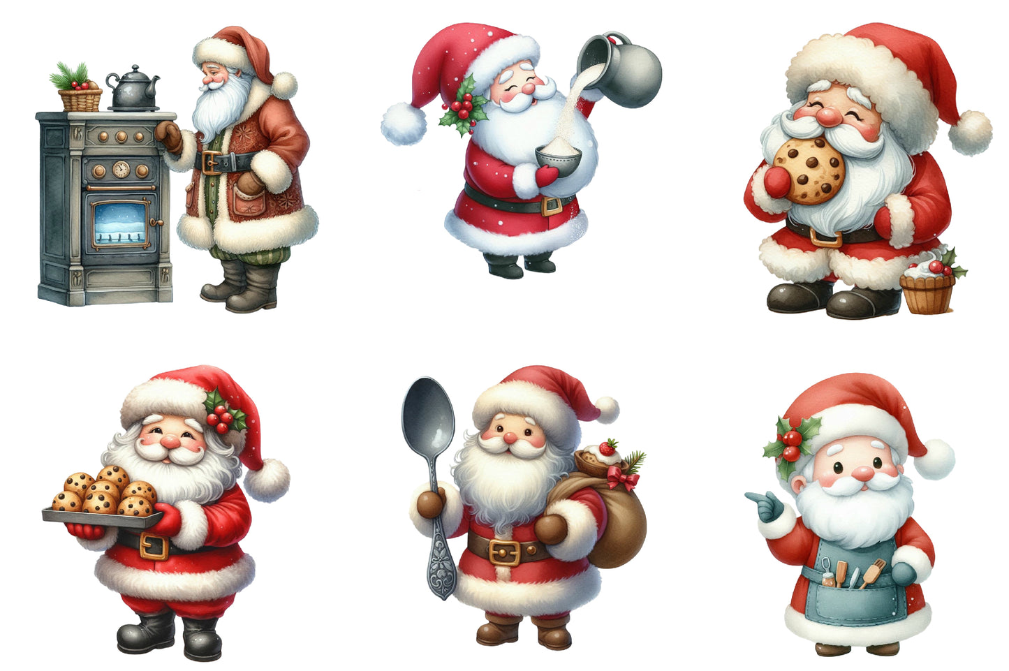 Santa Baking Watercolor Clipart PNG Bundle | Christmas Baking Santa PNG | Santa Baker Sublimation