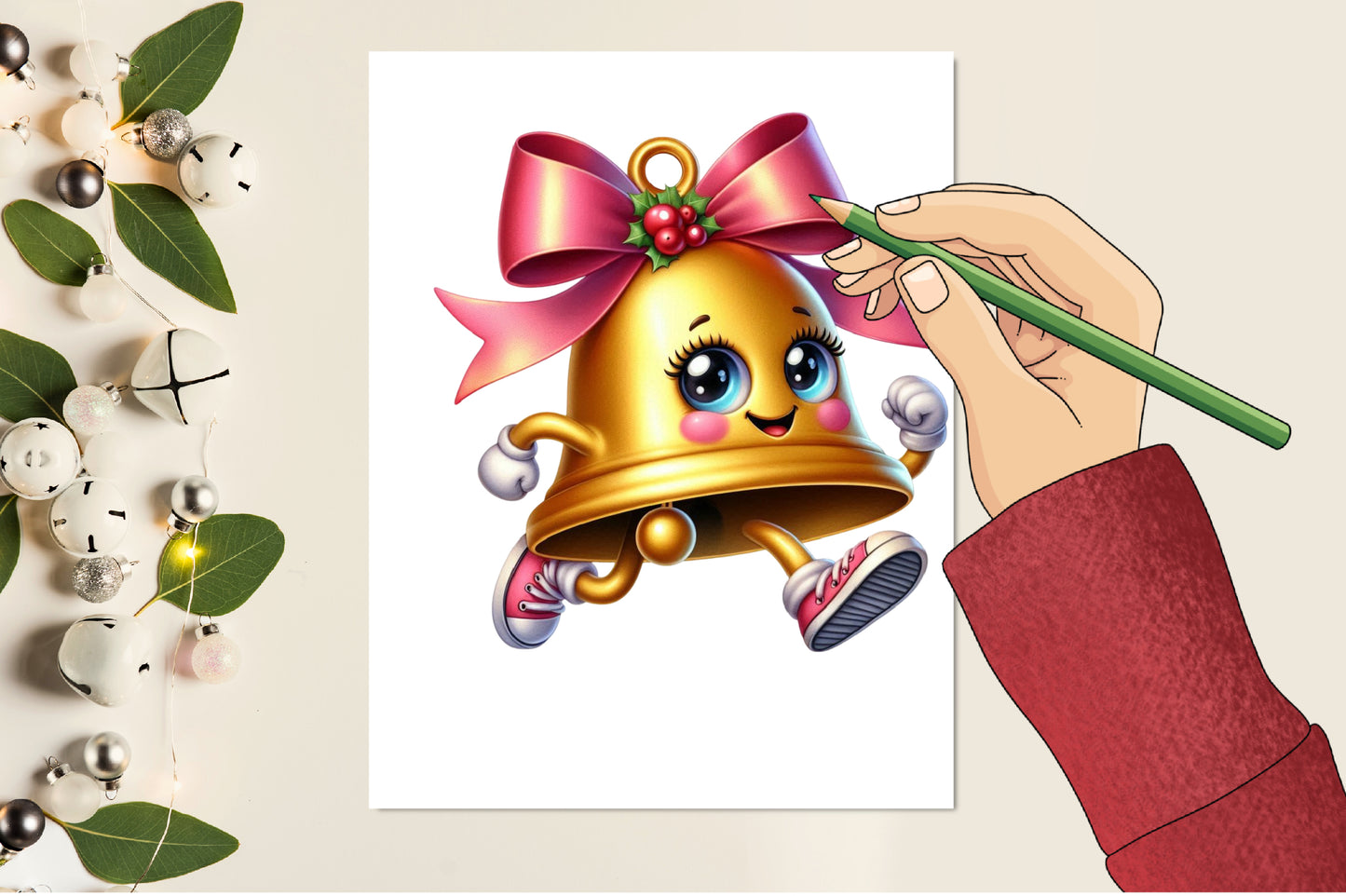 Christmas Bells PNG Clipart Bundle | Watercolor Cute Pink Bow Bells, Kawaii Christmas Bell Designs