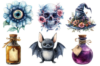 Whimsical Halloween Clipart Sublimation PNG Bundle | Cute Witch, Ghost, Pumpkin, Bat & Cat | Spooky Watercolor PNG