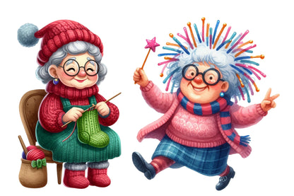 Old Lady Christmas Watercolor Clipart PNG Bundle | Cute Grandma Christmas Clipart | Christmas Winter Sublimation PNG