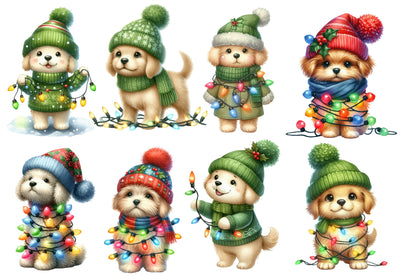 Christmas Dog with Lights Clipart PNG Bundle | Watercolor Cute Christmas Puppy with String Lights | Holiday Sublimation PNG