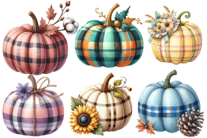 Autumn Plaid Pumpkin Sublimation Clipart PNG Bundle | Watercolor Cozy Fall Pumpkin Clipart | Rustic Harvest Plaid Pumpkin PNG