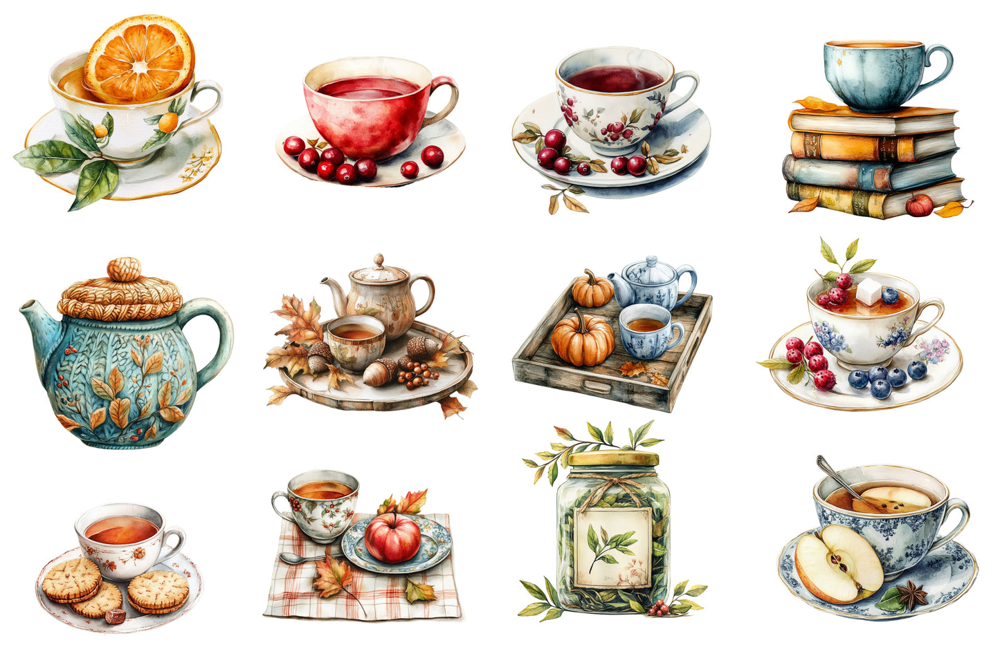 Autumn Tea Party Watercolor Clipart PNG Bundle | Fall Tea Cup Clipart | Cozy Autumn Tea PNG