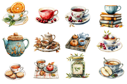 Autumn Tea Party Watercolor Clipart PNG Bundle | Fall Tea Cup Clipart | Cozy Autumn Tea PNG