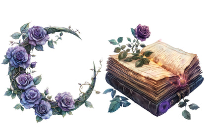 Halloween & Purple Roses Clipart PNG Bundle | Gothic Halloween Clipart, Purple Rose PNG