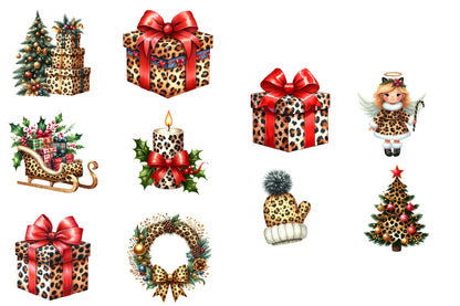 Leopard Christmas Watercolor Clipart PNG Bundle | Leopard Print Christmas Clipart | Wild Animal Print Holiday Sublimation PNG