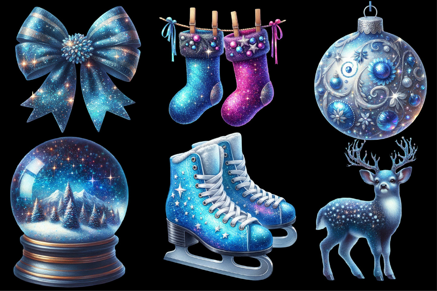 Glittery Christmas Clipart PNG Bundle | Sparkling Blue Christmas Bow, Sleigh, Ornaments, Gifts, Reindeer & Winter Designs