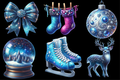 Glittery Christmas Clipart PNG Bundle | Sparkling Blue Christmas Bow, Sleigh, Ornaments, Gifts, Reindeer & Winter Designs