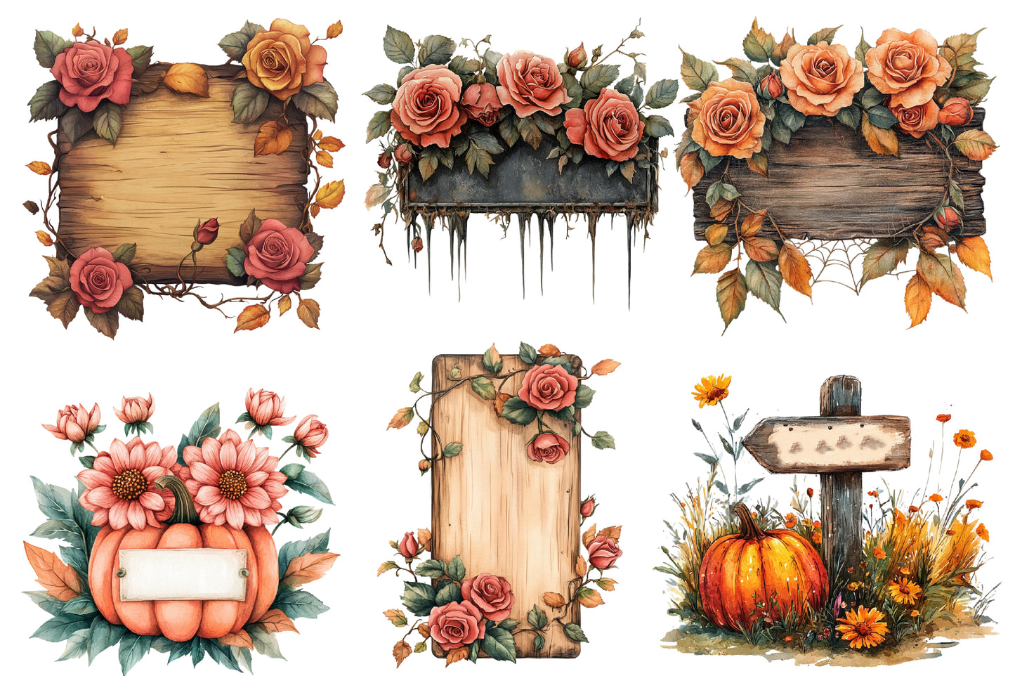 Halloween Floral Signs Clipart PNG | Rustic Wood Sign, Pumpkin & Rose Floral Frames,