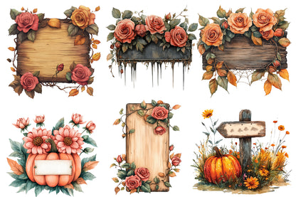 Halloween Floral Signs Clipart PNG | Rustic Wood Sign, Pumpkin & Rose Floral Frames,