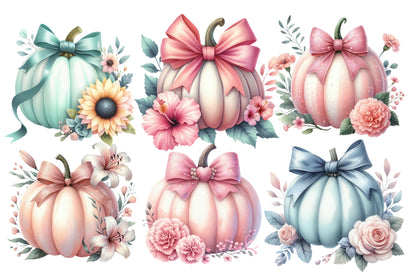 Floral Pumpkin Clipart PNG Bundle | Pastel Pumpkin PNG, Flower Pumpkin Clipart