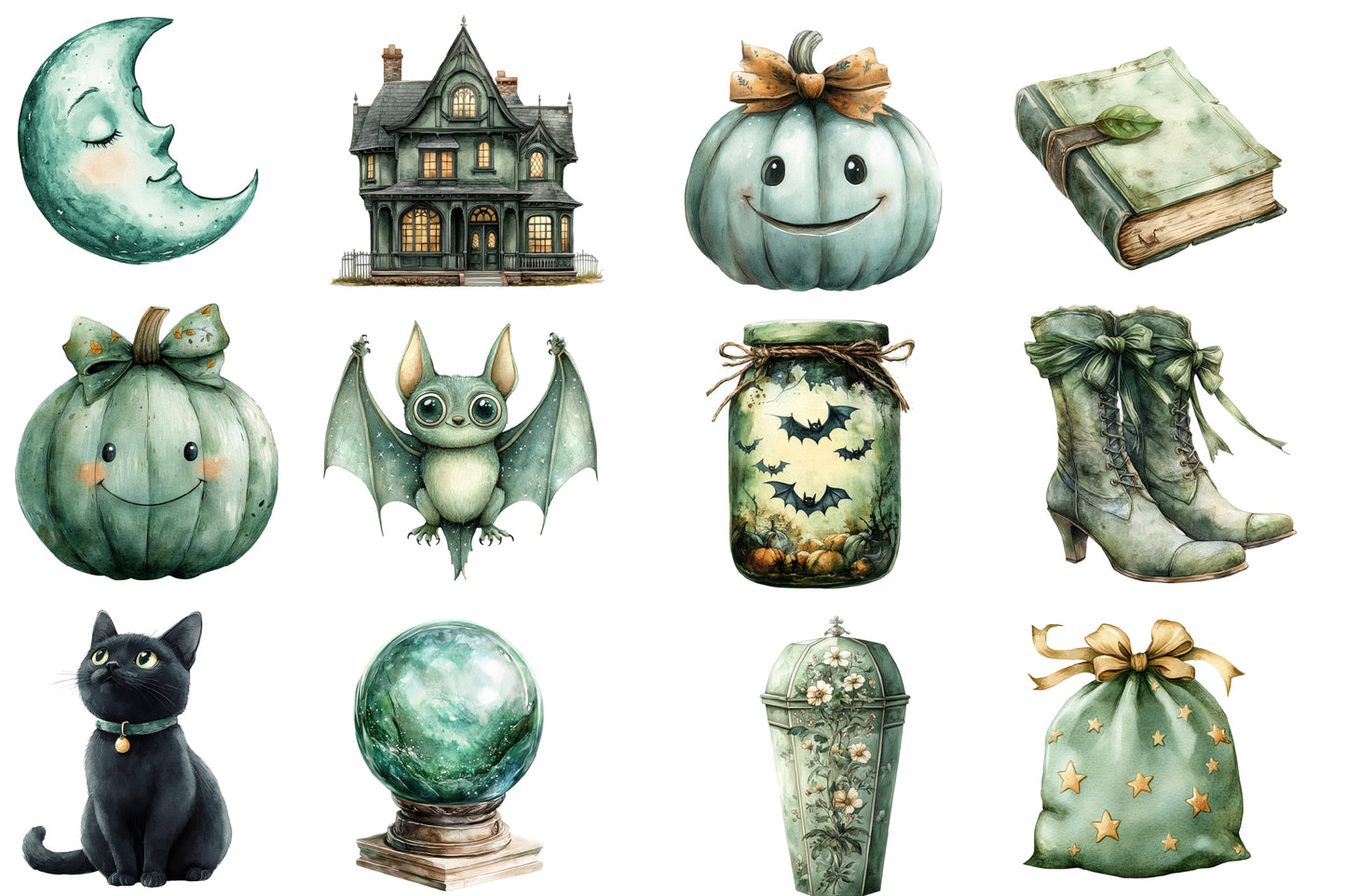 Sage Green Halloween Watercolor Clipart PNG Bundle | Sage Green Halloween Clipart | Green Halloween Sublimation PNG