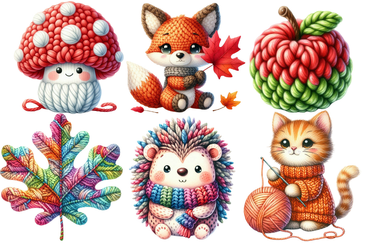 Crochet Autumn Watercolor Clipart PNG Bundle | Cute Fall Crochet Animals | Autumn Sublimation