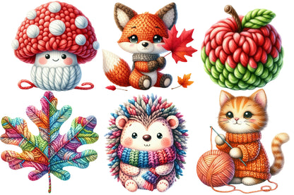 Crochet Autumn Watercolor Clipart PNG Bundle | Cute Fall Crochet Animals | Autumn Sublimation