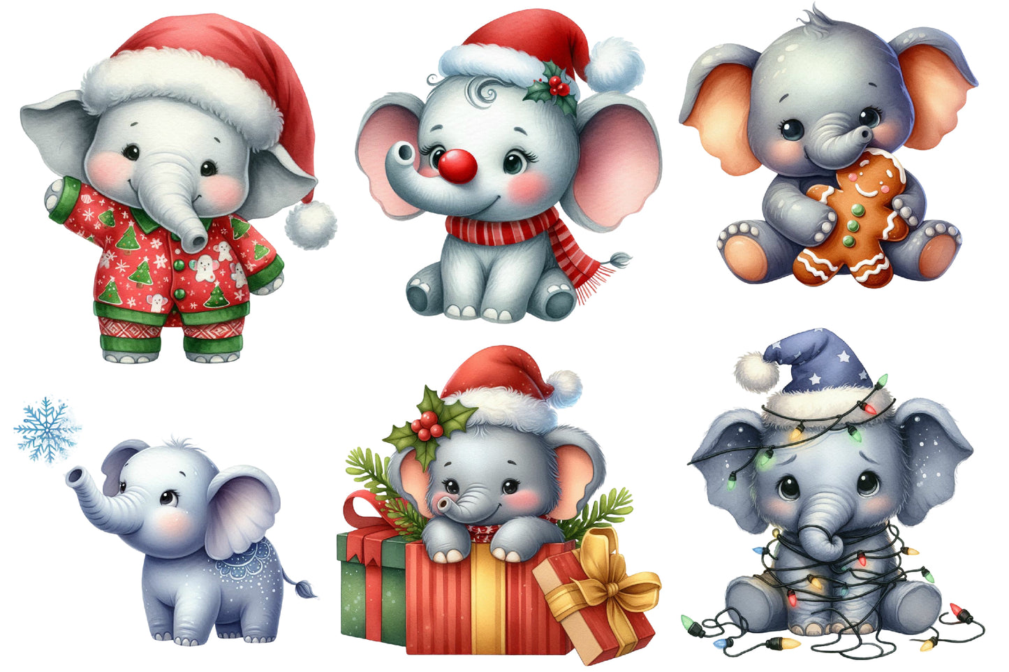 Christmas Baby Elephant Clipart PNG Bundle | Watercolor Cute Baby Elephant Christmas Clipart | Holiday Elephant PNG