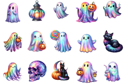 Iridescent Halloween Clipart PNG Bundle | Kawaii Ghost Clipart, Pastel Halloween PNG