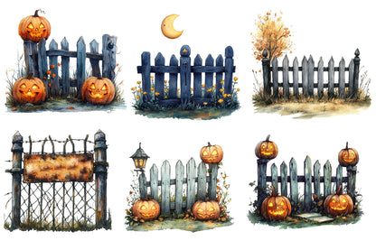 Watercolor Halloween Fence Clipart PNG Bundle | Spooky Fence, Pumpkins, Bats, Ghosts & Haunted Night Elements PNG