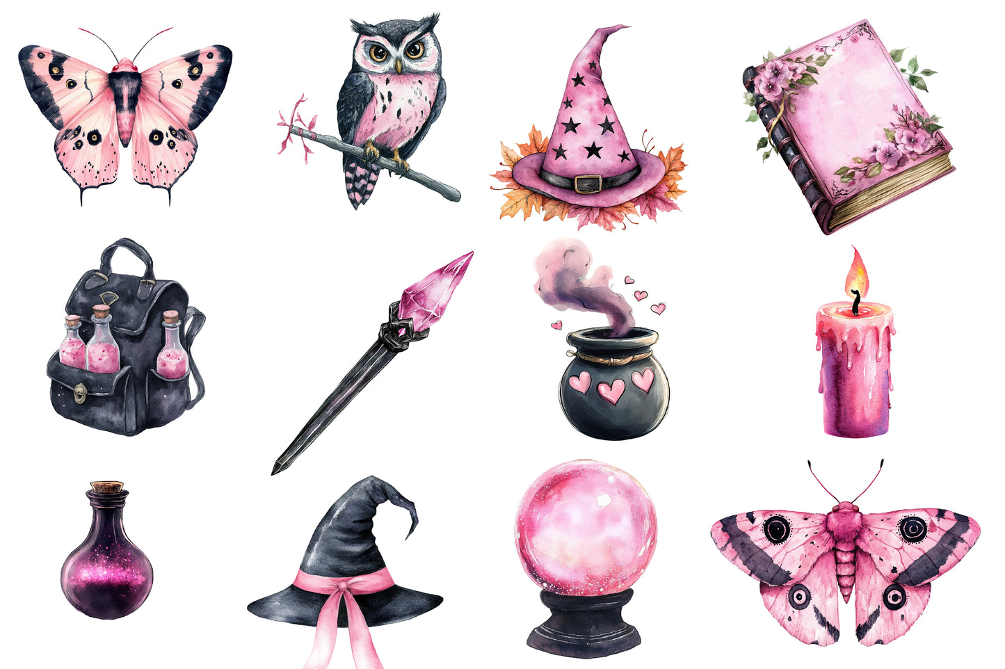 Cute Witchy Autumn PNG Bundle | Pink Halloween Witch Clipart, Cute Witch PNG