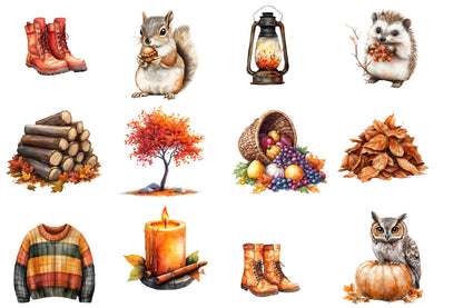 Fall Season Watercolor Clipart PNG Bundle | Autumn Clipart Collection | Cozy Fall Sublimation