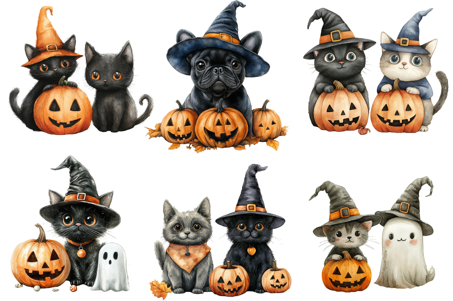 Halloween Dog and Cat Clipart PNG | Cute Witch Hat Pets, Black Cat & Puppy Pumpkin Clipart,