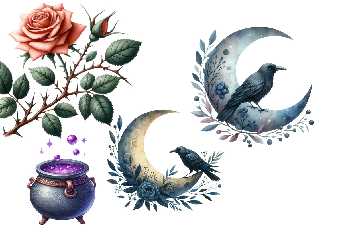 Halloween Cauldron PNG Bundle | Witch Cauldron Clipart, Black Magic Potion, Pumpkin, Rose & Raven,