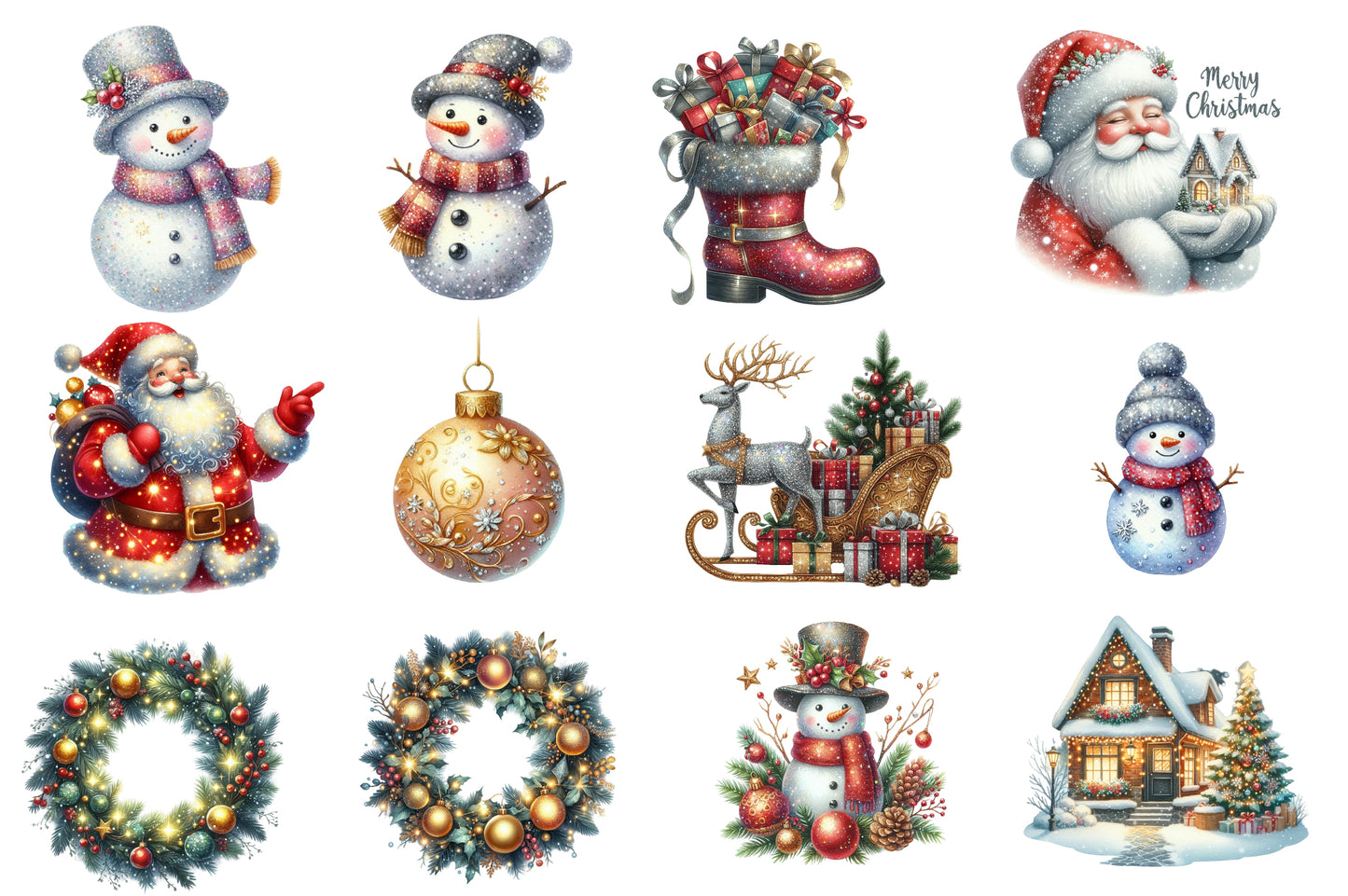 Glittering Christmas Watercolor Clipart PNG Bundle | Santa Claus Christmas PNG | Glitter Holiday Sublimation